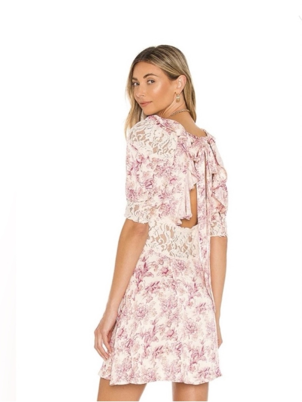 Free People Pink Floral Lace Tie-Back Mini Dress